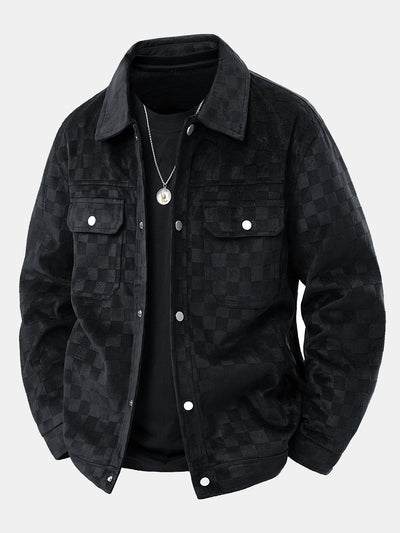 Checkerboard Print Faux Suede Pocket Jacket