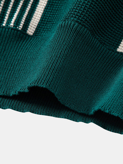 Stripe Knit Zip Up Polo Shirt & Straight Leg Ribbed Pants