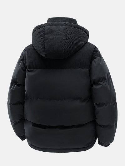 Corduroy Patchwork Hooded Puffer Jacket