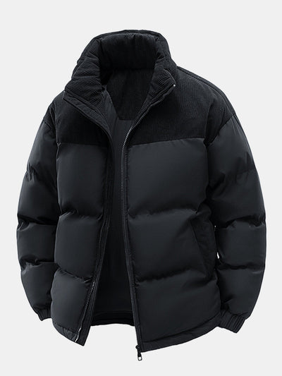 Corduroy Patchwork Hooded Puffer Jacket