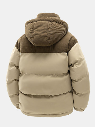 Corduroy Patchwork Hooded Puffer Jacket