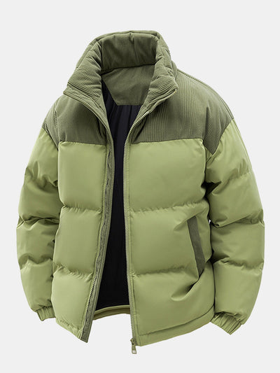 Corduroy Patchwork Hooded Puffer Jacket