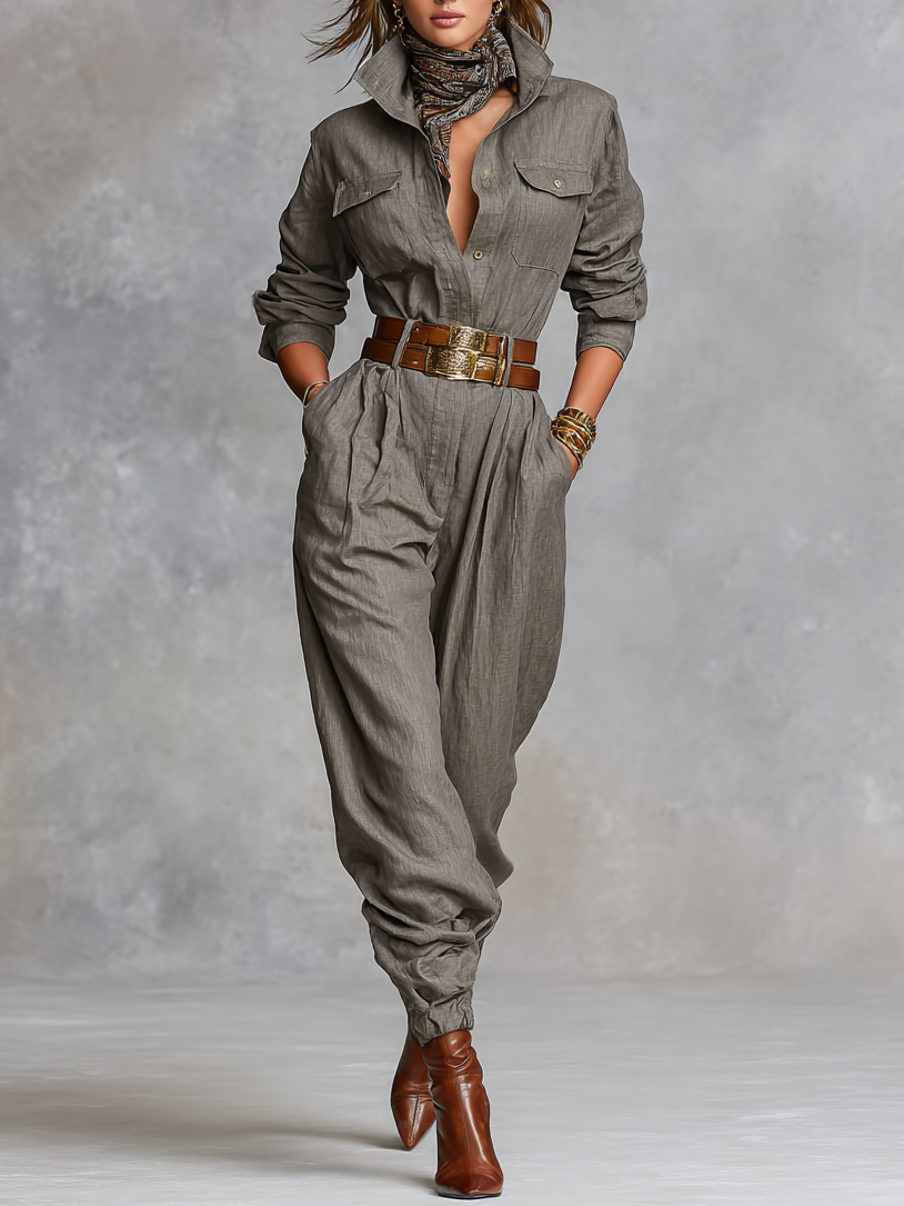 Cotton and Linen Long Sleeve Shirt Jumpsuit