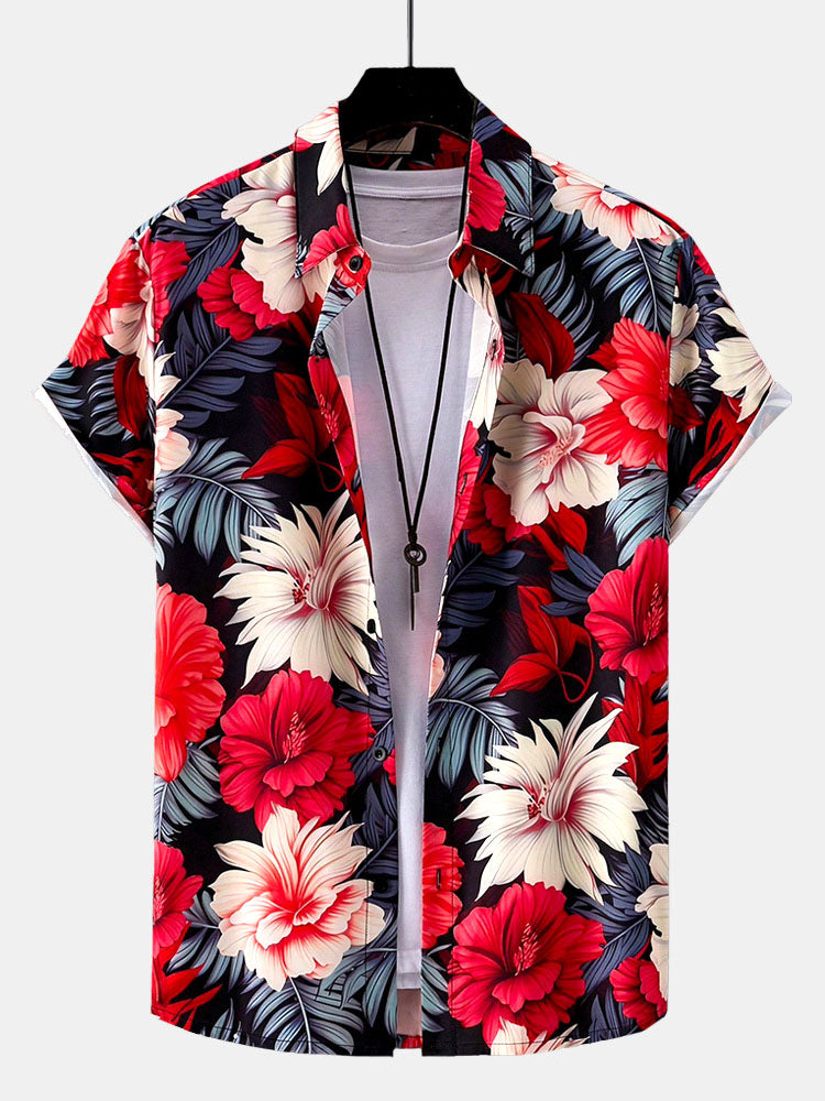 Tropical Flowers Print Button Up Shirt & Solid Drawstring Swim Shorts