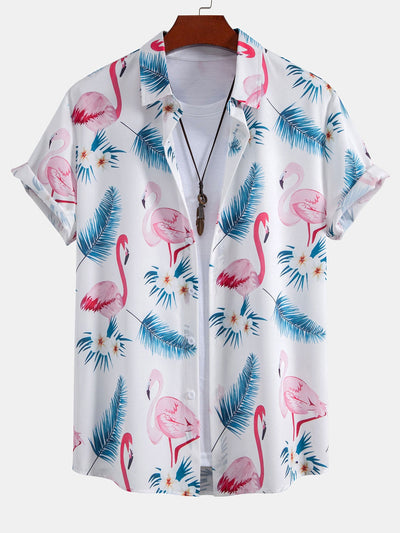 Flamingo Leaf Print Button Up Shirt & Swim Shorts