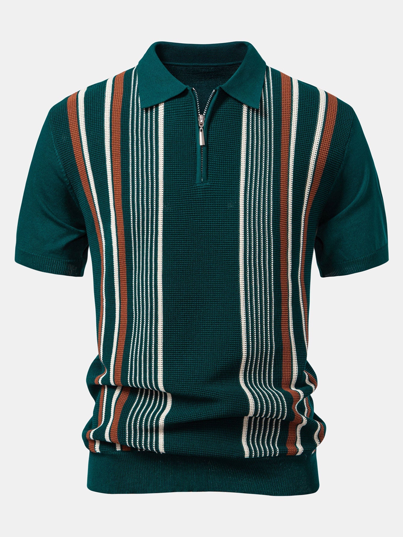 Stripe Knit Zip Up Polo Shirt & Straight Leg Ribbed Pants