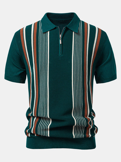 Stripe Knit Zip Up Polo Shirt & Straight Leg Ribbed Pants