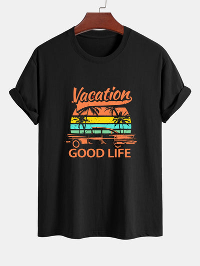 Regular Fit Good Life On Vacation Print Cotton T-Shirt & Man Mid Length Drawstring Swim Shorts
