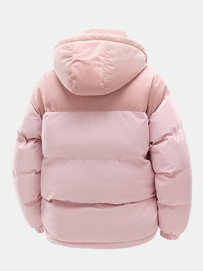 Corduroy Patchwork Hooded Puffer Jacket