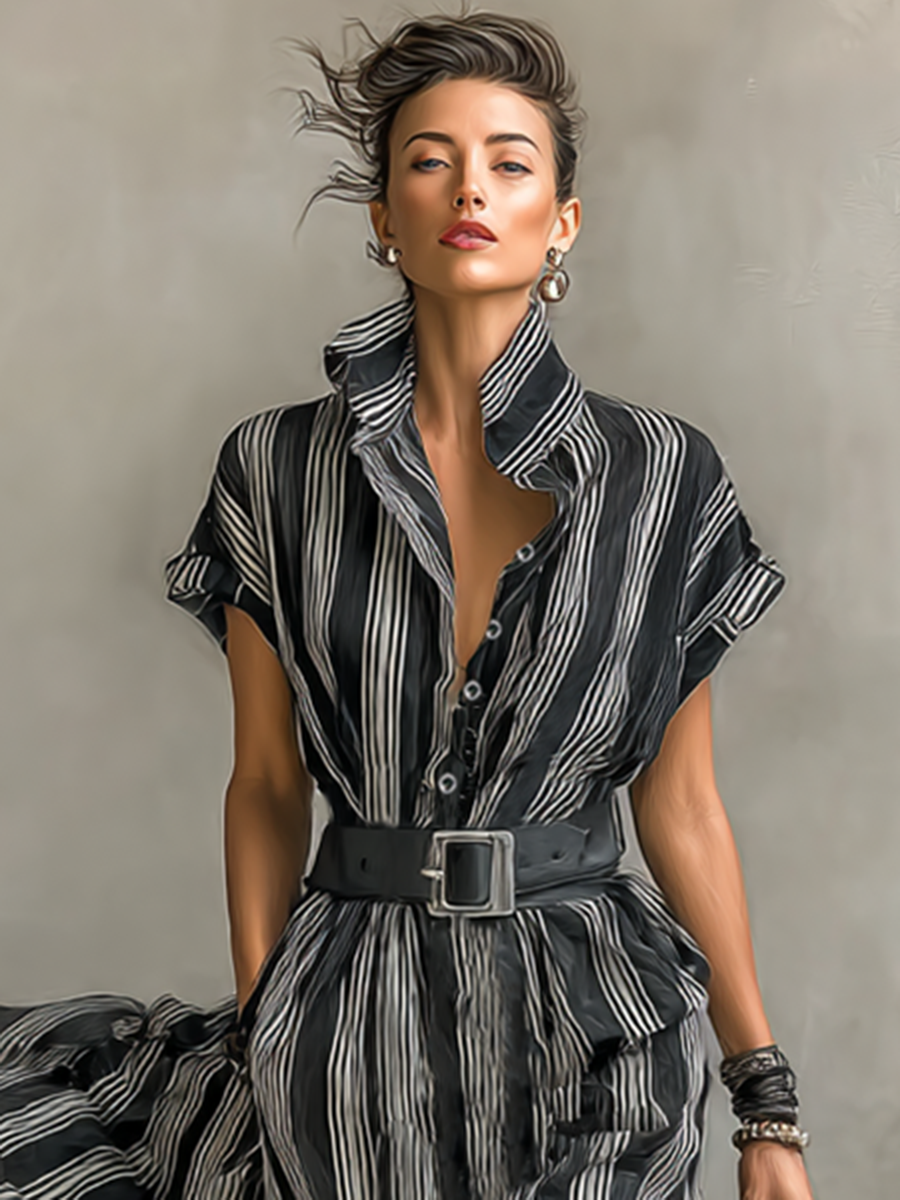 Maxi Printed Striped Chiffon Dress with Collar and Short Sleeves for Women with Belt