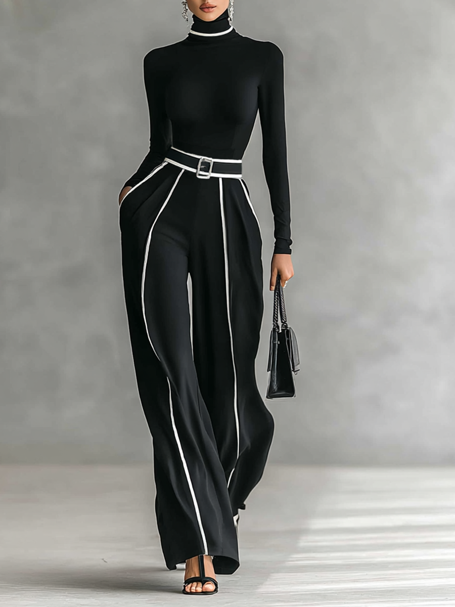 Women's two-piece set with high-neck long-sleeve top, wide-leg pants, and belt