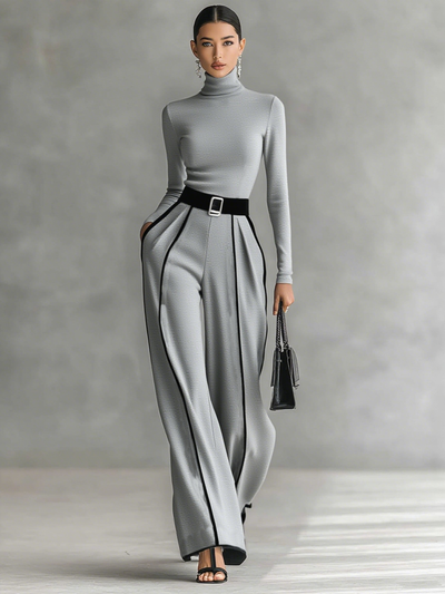 Women's two-piece set with high-neck long-sleeve top, wide-leg pants, and belt