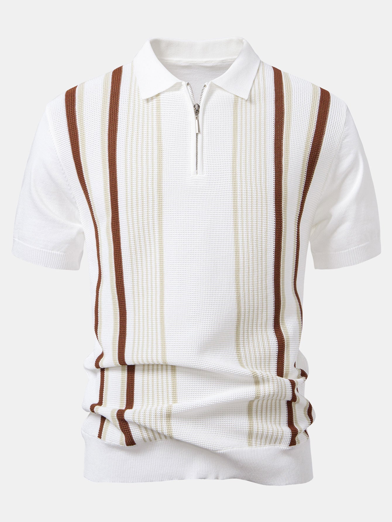 Stripe Knit Zip Up Polo Shirt & Straight Leg Ribbed Pants
