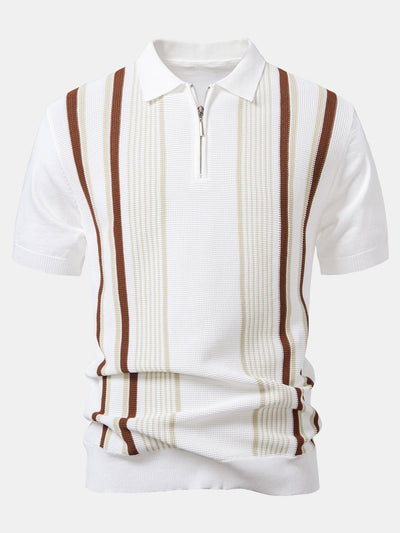 Stripe Knit Zip Up Polo Shirt & Straight Leg Ribbed Pants