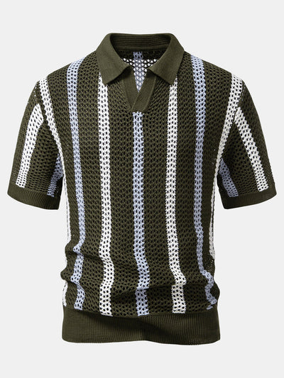 Striped Crochet V Neck Polo