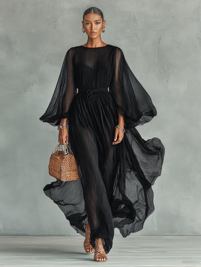 Maxi Chiffon Dress with Round Neck and Long Sleeves for Women, with Adjustable Waist