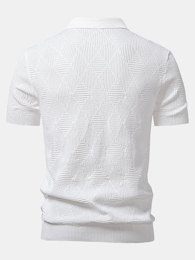 Rhombus Textured Zip Up Knitted Polo Shirt