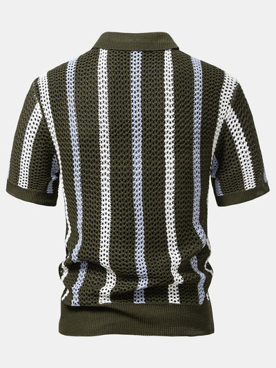 Striped Crochet V Neck Polo