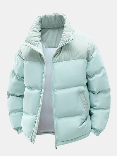 Corduroy Patchwork Hooded Puffer Jacket