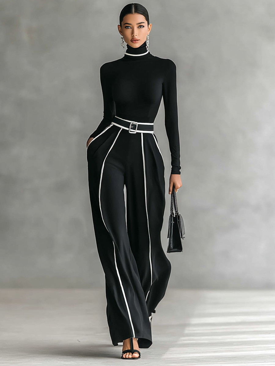 Women's two-piece set with high-neck long-sleeve top, wide-leg pants, and belt