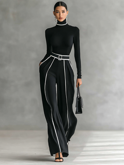 Women's two-piece set with high-neck long-sleeve top, wide-leg pants, and belt