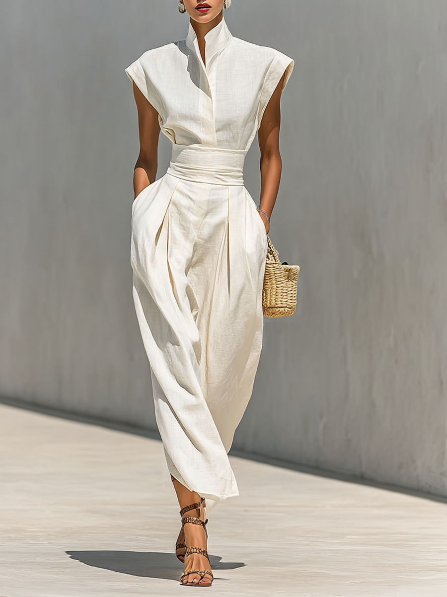 Maxi Dress in Pure Cotton with Notched Collar and Hooded Sleeves