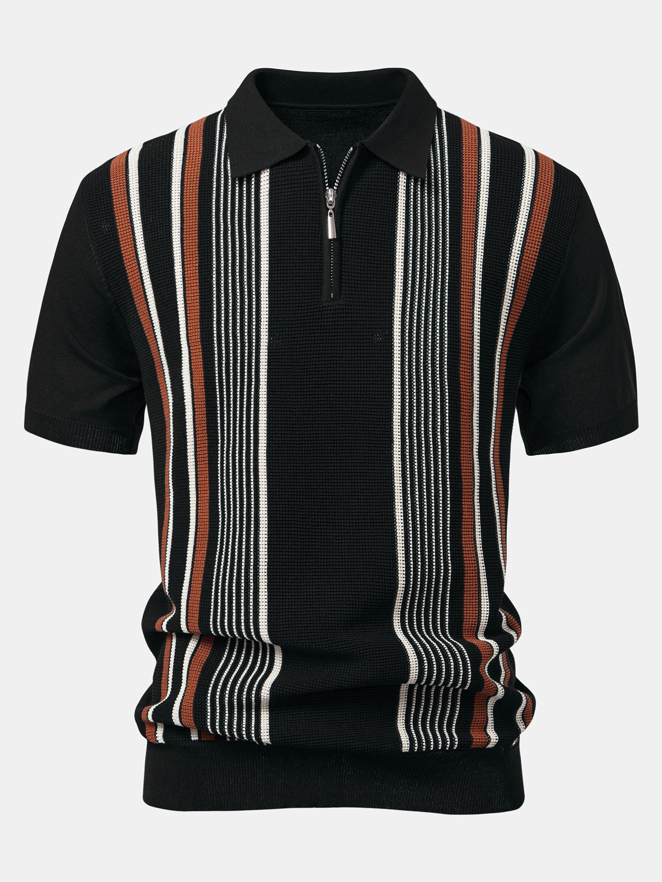 Stripe Knit Zip Up Polo Shirt & Straight Leg Ribbed Pants