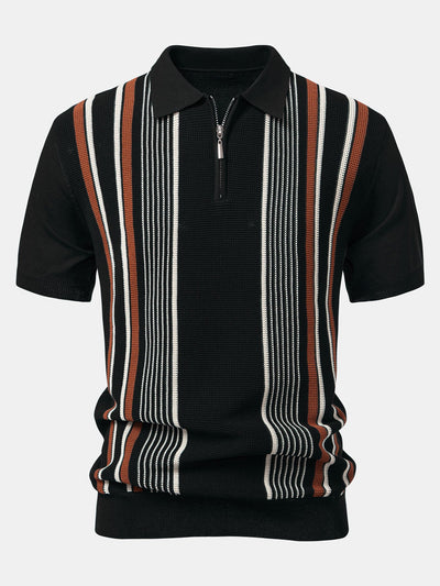 Stripe Knit Zip Up Polo Shirt & Straight Leg Ribbed Pants