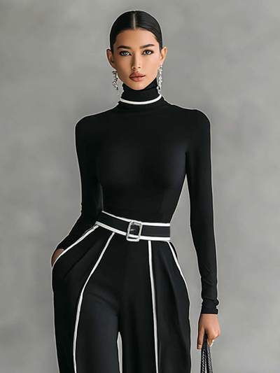 Women's two-piece set with high-neck long-sleeve top, wide-leg pants, and belt