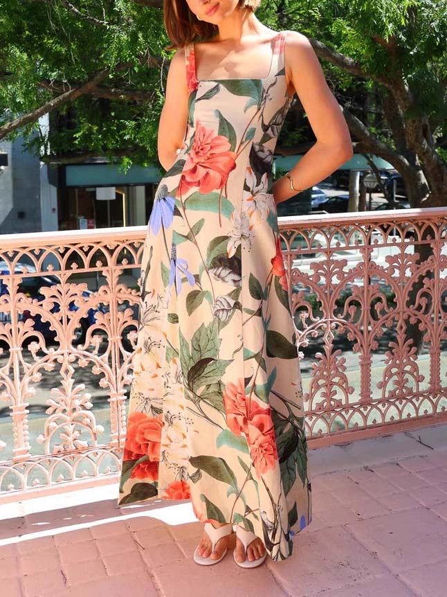 Retro Floral Print Square Neck Swing Maxi Dress