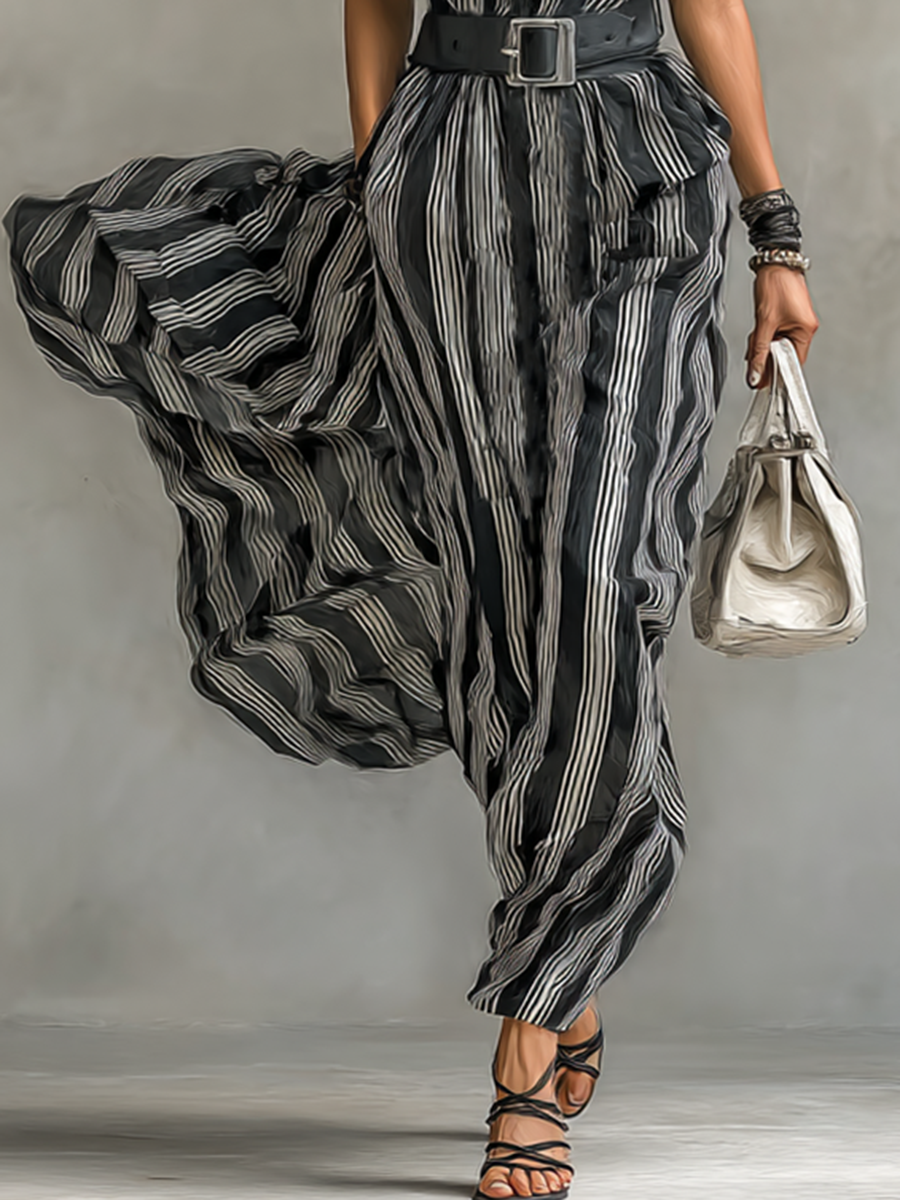Maxi Printed Striped Chiffon Dress with Collar and Short Sleeves for Women with Belt