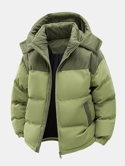 Corduroy Patchwork Hooded Puffer Jacket