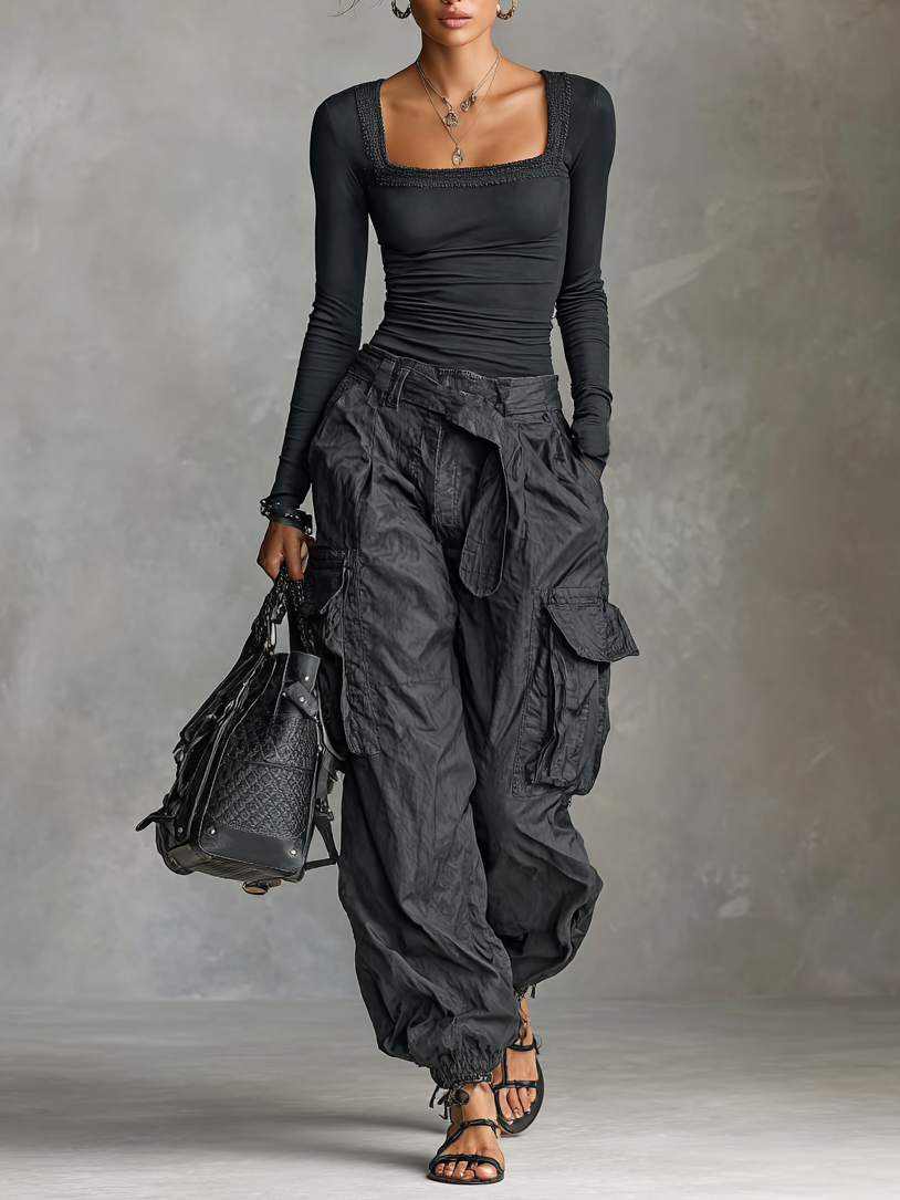 Two-Piece Set Long Sleeve Square Neck T-Shirt with Multi-Pocket Cargo Pants
