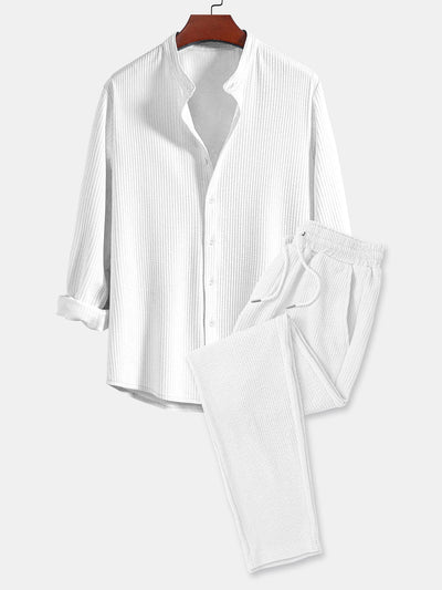 Long Sleeve Muscle Fit Ribbed Stand Collar Shirt & Straight Leg Ribbed Pants