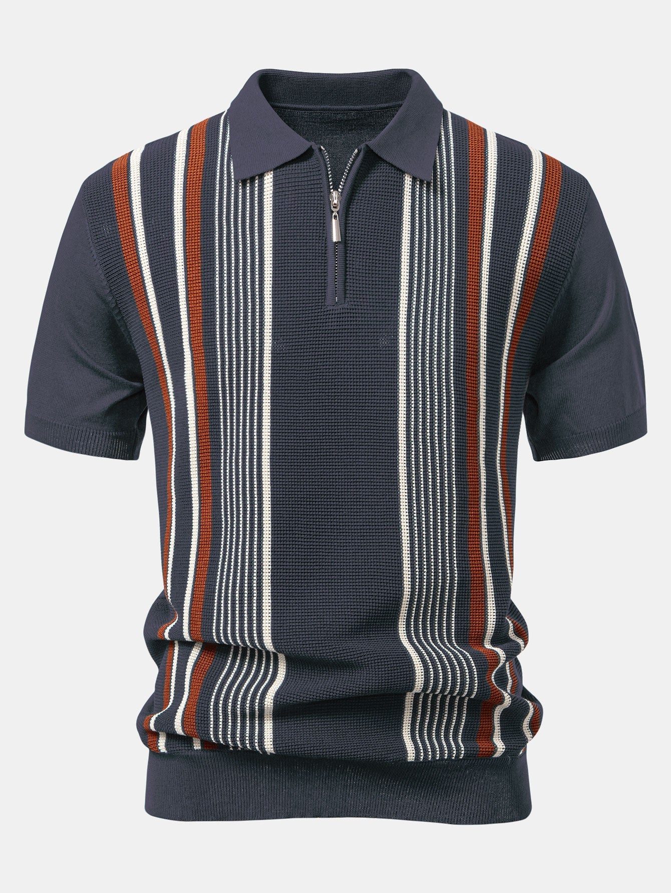 Stripe Knit Zip Up Polo Shirt & Straight Leg Ribbed Pants