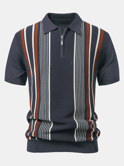 Stripe Knit Zip Up Polo Shirt & Straight Leg Ribbed Pants