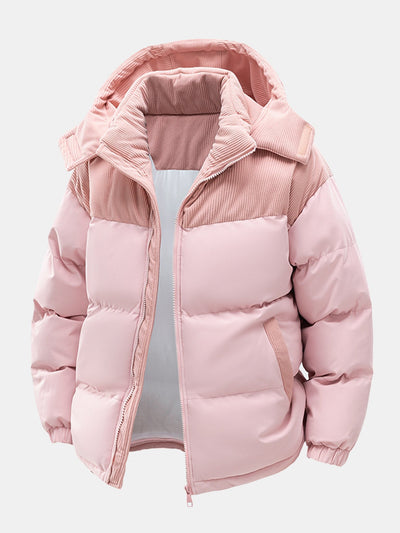 Corduroy Patchwork Hooded Puffer Jacket