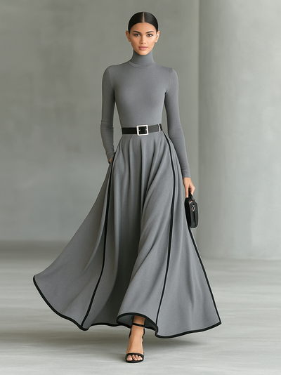 Black Maxi Dress with White Stitching, High Neck, Long Sleeves, and Fitted Waist