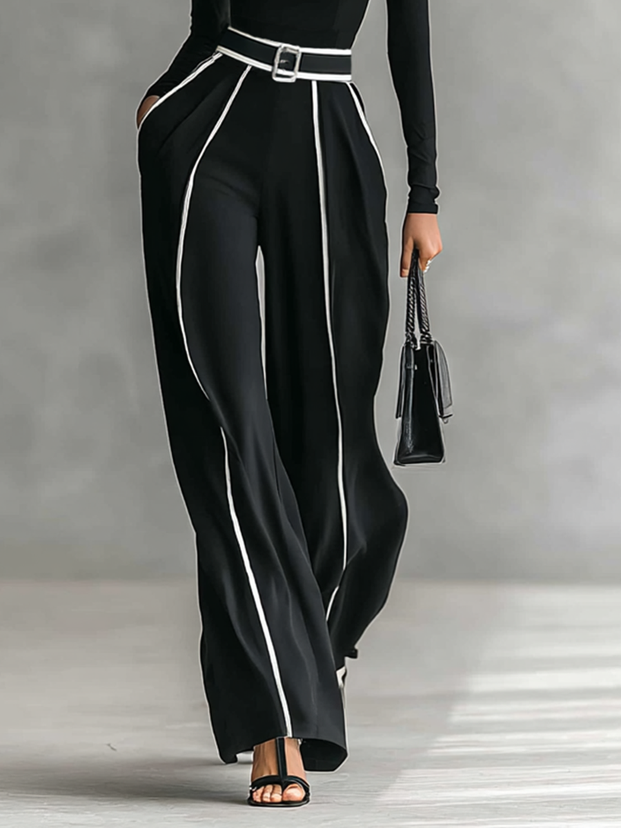 Women's two-piece set with high-neck long-sleeve top, wide-leg pants, and belt
