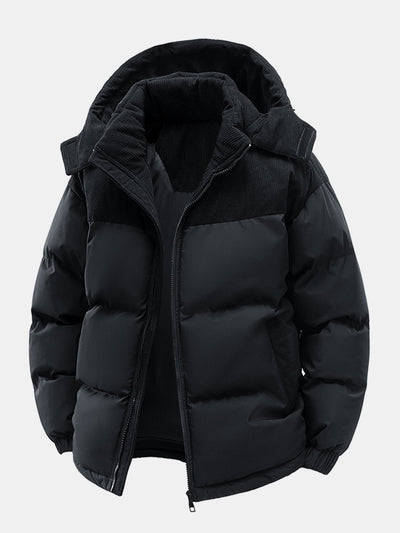 Corduroy Patchwork Hooded Puffer Jacket