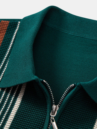 Stripe Knit Zip Up Polo Shirt & Straight Leg Ribbed Pants
