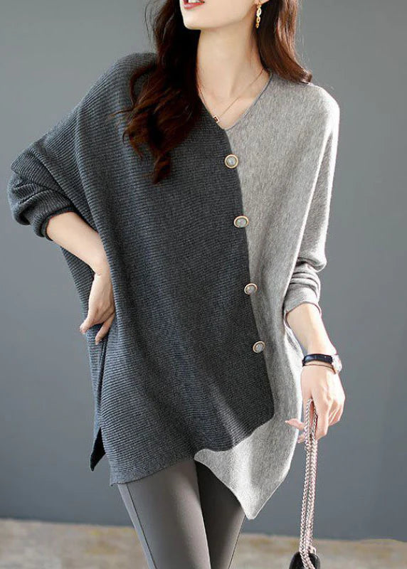 Deborah™ | Casual Grey Asymmetrical Patchwork Knit Shirt Winter
