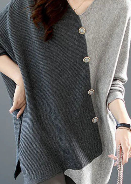 Deborah™ | Casual Grey Asymmetrical Patchwork Knit Shirt Winter