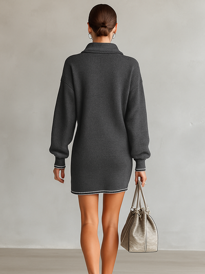 Mini Dress in Loose Knit with Polo Collar and Zip