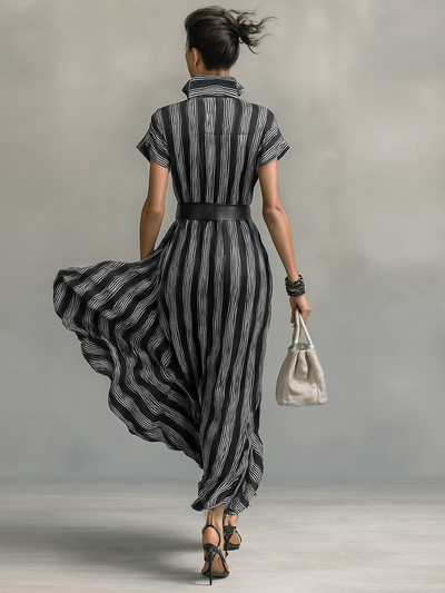 Maxi Printed Striped Chiffon Dress with Collar and Short Sleeves for Women with Belt