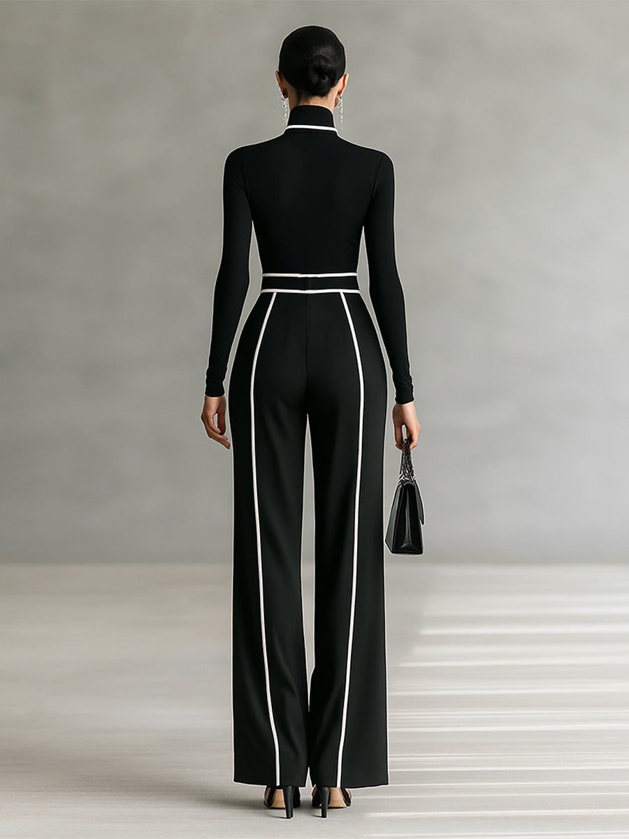 Women's two-piece set with high-neck long-sleeve top, wide-leg pants, and belt
