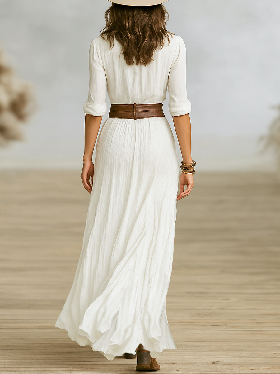 Long Maxi Dress for Women in Imitation Cotton and Linen with Notched Collar