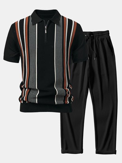 Stripe Knit Zip Up Polo Shirt & Straight Leg Ribbed Pants