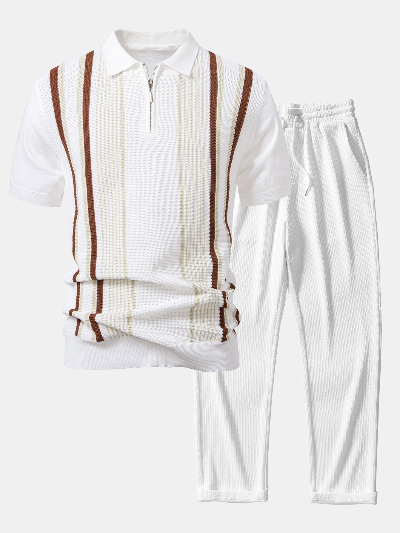 Stripe Knit Zip Up Polo Shirt & Straight Leg Ribbed Pants