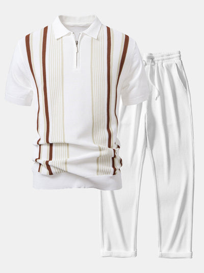 Stripe Knit Zip Up Polo Shirt & Straight Leg Ribbed Pants